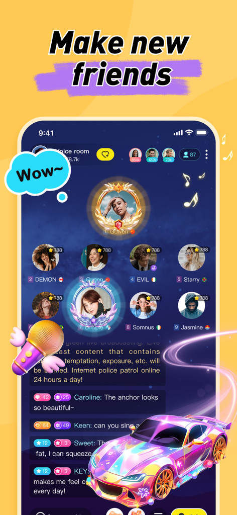 A screenshot of a Heyoo voice room showing multiple user profile avatars and a real-time chat feed with digital gift animations.