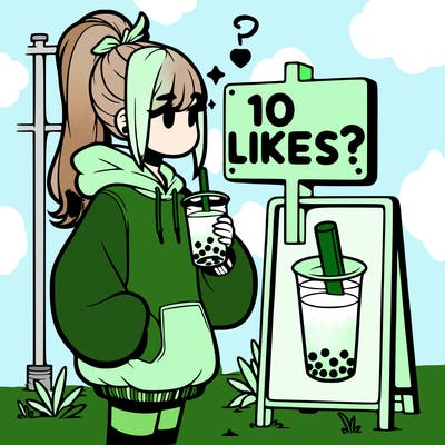 girl with oversized hoodie drinking boba and she has a high ponytail with a sign that says 10likes?