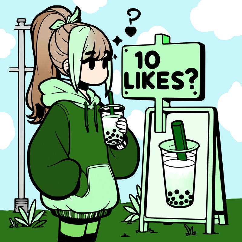 girl with oversized hoodie drinking boba and she has a high ponytail with a sign that says 10likes?