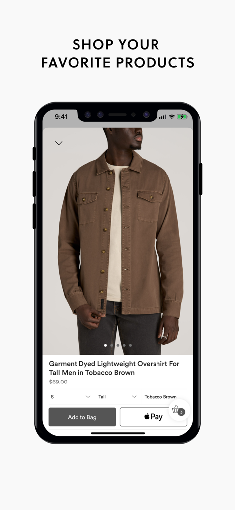 American Tall - American Tall mobile app showing a brown overshirt for tall men with price and purchase buttons