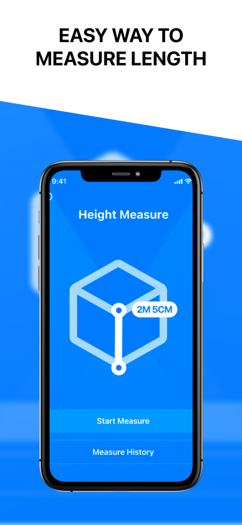 Measure Height With Camera App - Home screen of the Measure Height With Camera App featuring a Start Measure button and a graphic illustrating height measurement