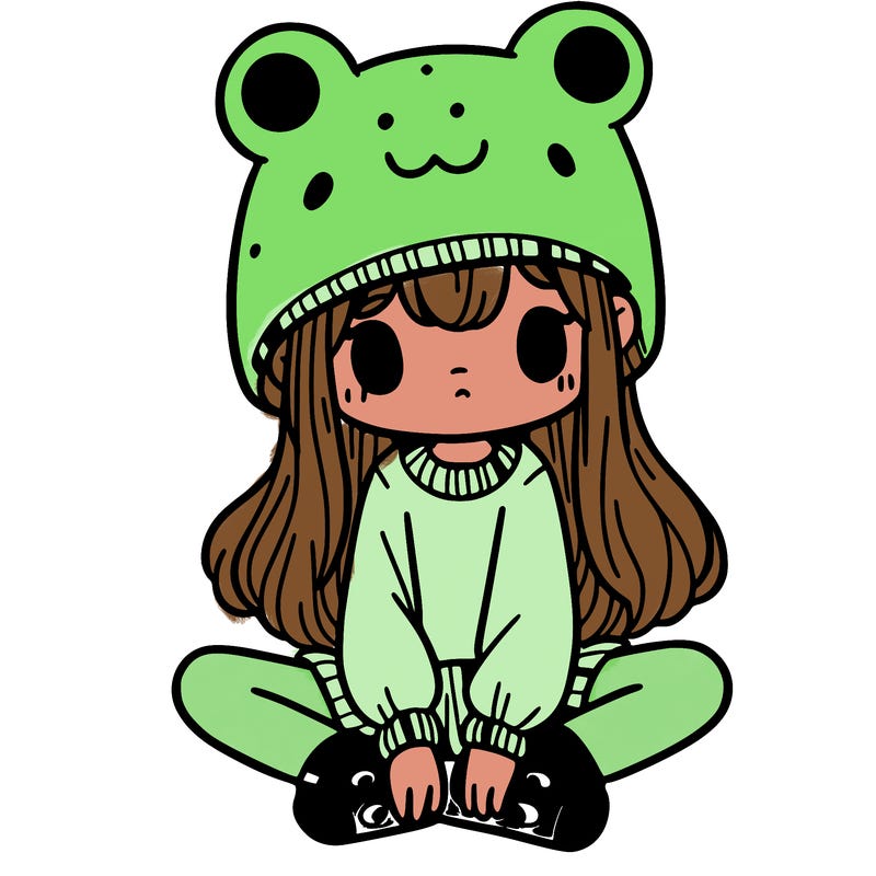 a girl wearing a frog hat and some frog socks