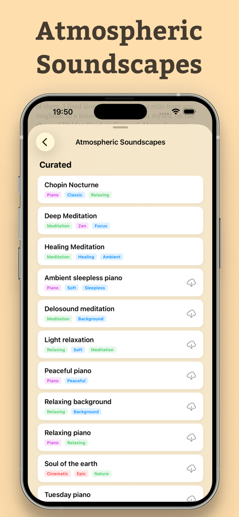 Aurader app interface displaying a selection of curated atmospheric soundscapes and background music for reading.