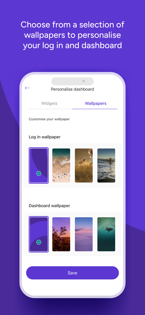 Qudos Bank - A mobile interface for personalizing the Qudos Bank app by choosing custom wallpapers for the login screen and dashboard.