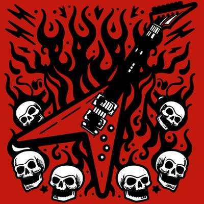 epic flying v electric guitar with flames surrounded by skulls