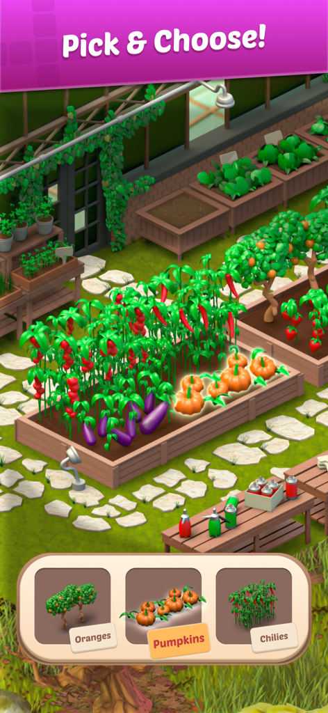 Selezione di zucche da piantare in un letto di giardino in serra nel gioco mobile Wordington