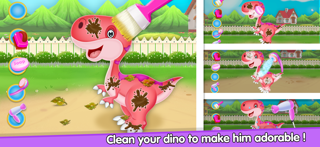 Dino Care Games - Daycare - 託児所ゲームで石鹸と水を使ってかわいいピンクの恐竜をきれいにしている様子