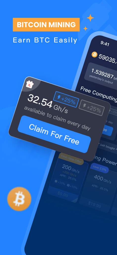 Interfaccia dell'app Bitcoin Mining che mostra un riscatto di ricompensa di mining cloud gratuita di 32,54 GH al secondo