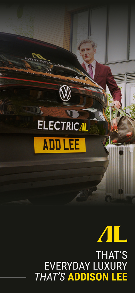 A professional traveler with luggage standing next to an Addison Lee electric taxi featuring the everyday luxury slogan