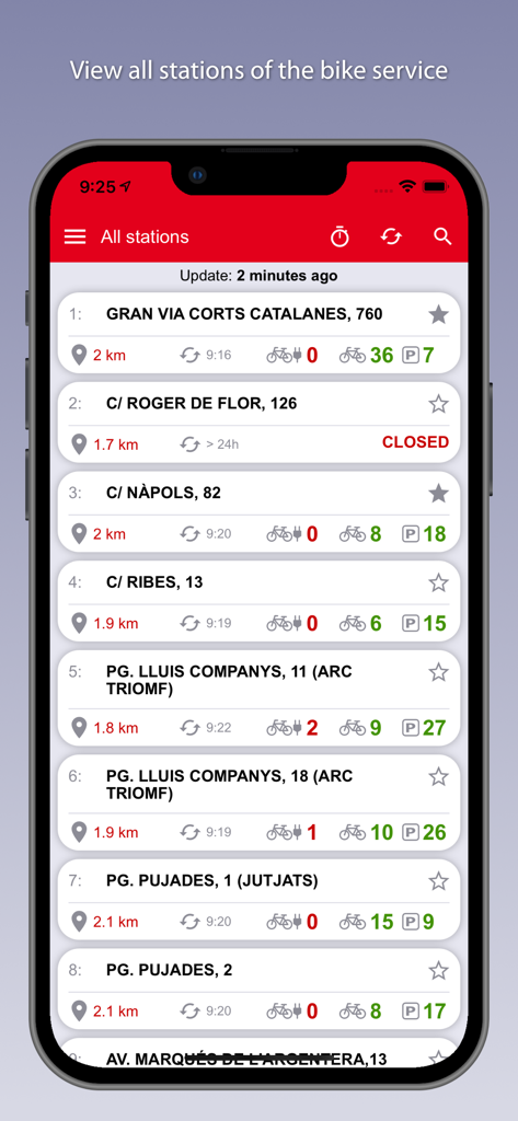 Bicis Barcelona - Bicis Barcelona app showing a list of bicing bike stations with availability for electric and mechanical bikes and free docks.