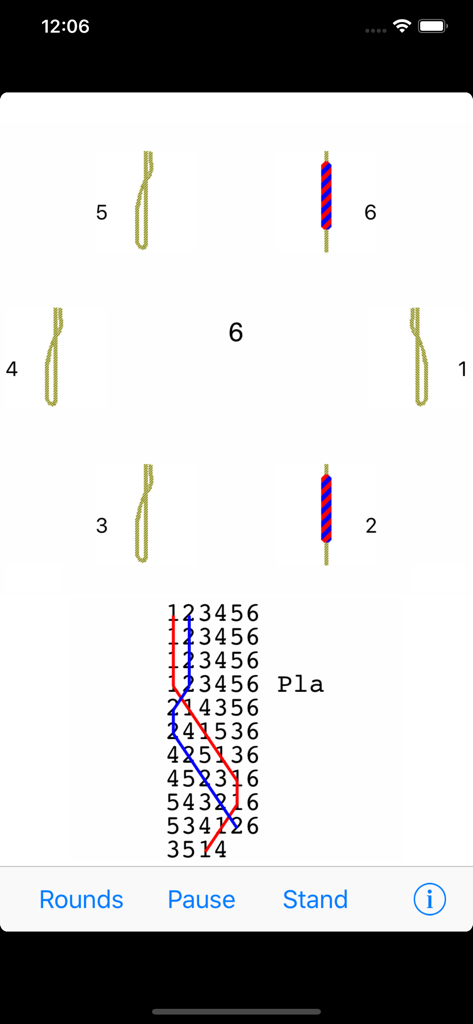 Mobel bell ringing simulator - Interface of the Mobel bell ringing simulator showing bell ropes and a blue line method diagram
