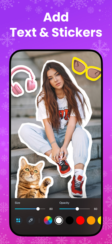 Edit Up 모바일 앱 인터페이스는 다양한 스티커와 편집 도구가 있는 사진을 표시합니다.