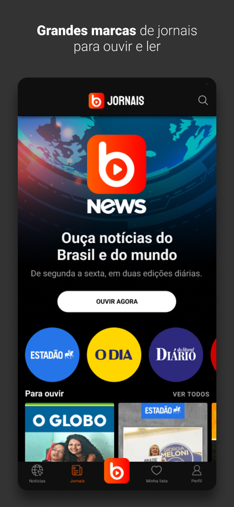Ubook Jornais - Home screen of Ubook Jornais app featuring major Brazilian newspaper brands like Estadao and O Globo with audio narration features.