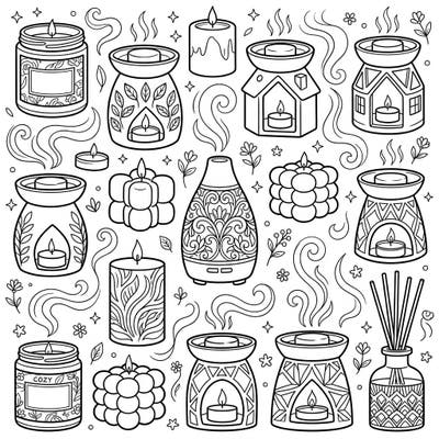 Discover a world of cozy comfort with this enchanting coloring page featuring an array of scented candles, elegant wax warmers, and intricate essential oil diffusers. Perfect for those who love aromatherapy and desire a relaxing coloring experience, this detailed design promises hours of creative joy.