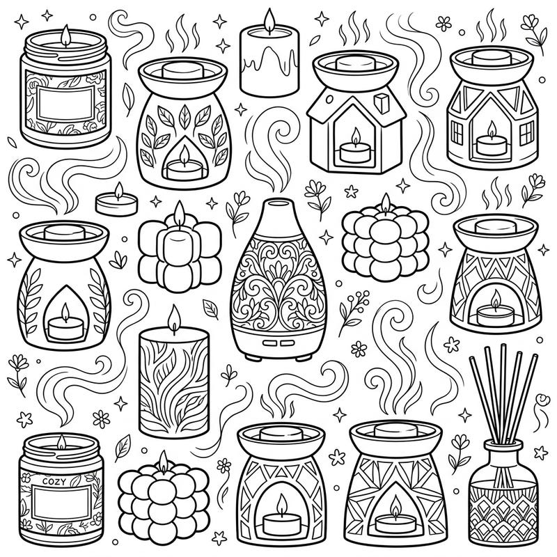 Discover a world of cozy comfort with this enchanting coloring page featuring an array of scented candles, elegant wax warmers, and intricate essential oil diffusers. Perfect for those who love aromatherapy and desire a relaxing coloring experience, this detailed design promises hours of creative joy.