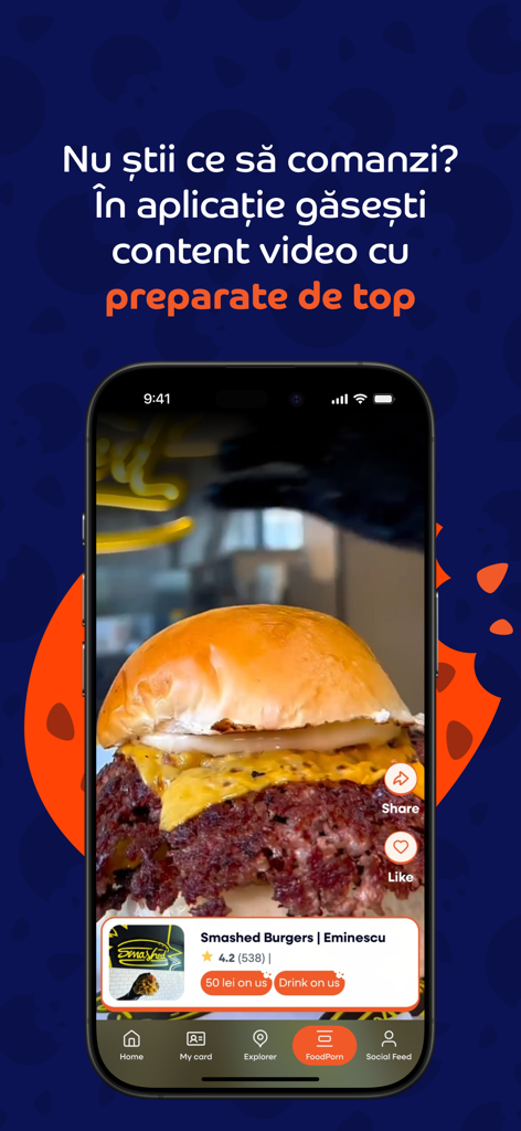 Interfaz de la aplicación Nommy que muestra un video en primer plano de una hamburguesa aplastada con una calificación de 4.2 y recompensas en efectivo.