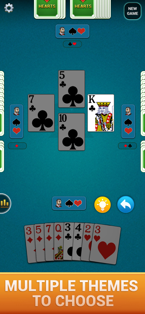 Hearts : Deluxe Card Game - Hearts card game gameplay interface showing multiple theme options and large cards