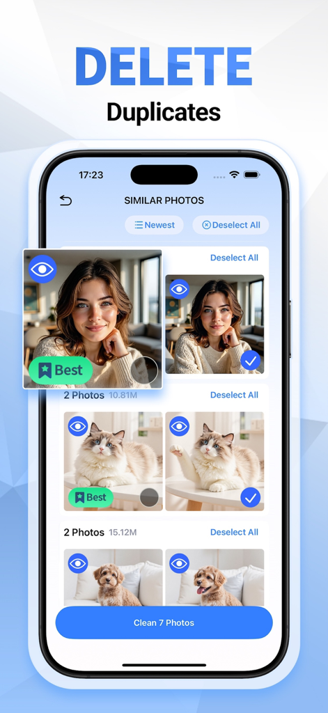 Super Cleaner: AI Cleaner - Interfaz de la aplicación Super Cleaner que resalta la función de eliminación de fotos similares.