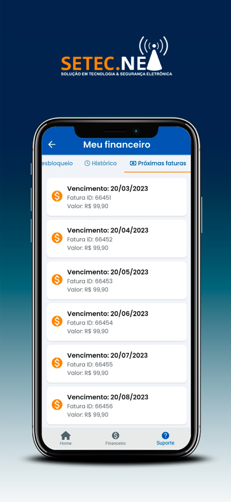 SETEC.NET - Lista de faturas futuras com datas de vencimento e valores no aplicativo móvel SETEC.NET