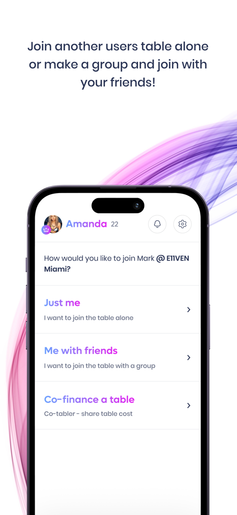 Tabler mobile app screen showing options to join a club table alone with friends or through co-financing