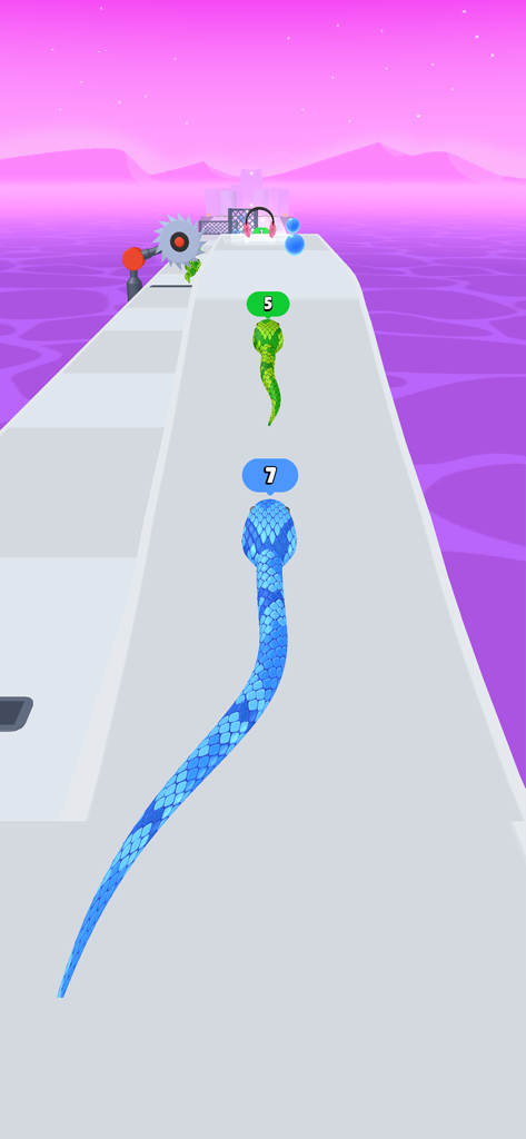 Snake Run Race・3D Running Game - A blue snake racing on a 3D obstacle course towards a green snake.