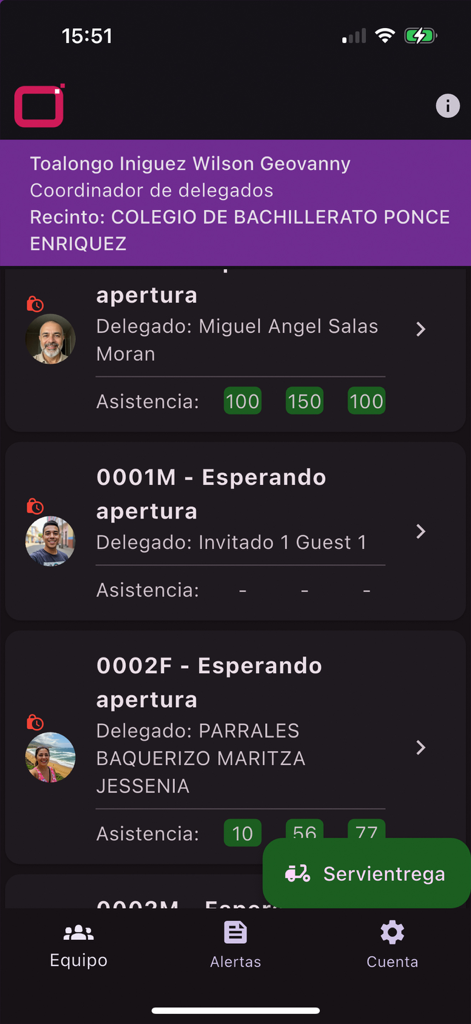 Liste de délégués électoraux et leur statut dans l'interface de l'application eXACTO 2025