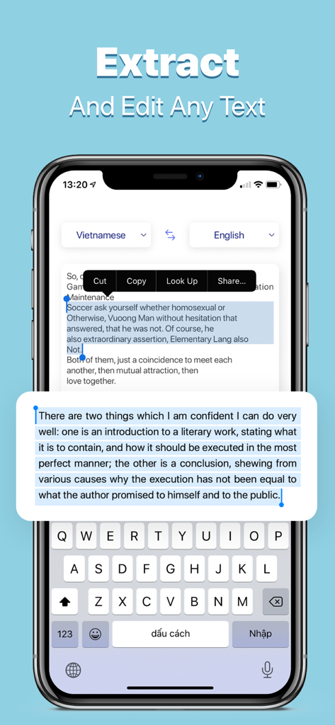 Camera Scanner: Clear Scan App - Mobile app interface showing how to extract and edit text from a scanned document