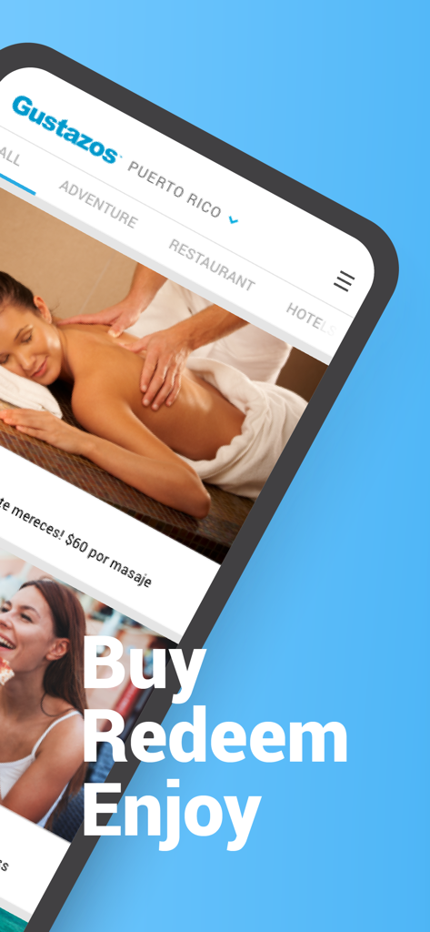Gustazos - The Gustazos mobile app interface showing lifestyle deals and the tagline Buy Redeem Enjoy