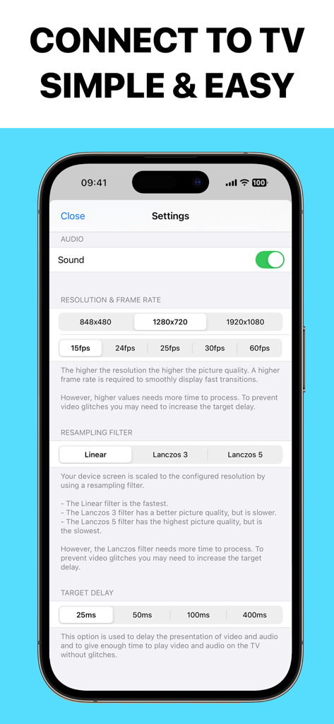 Schermata delle impostazioni dell'app Screen Mirroring che mostra le opzioni per audio, risoluzione, frame rate e ritardo target