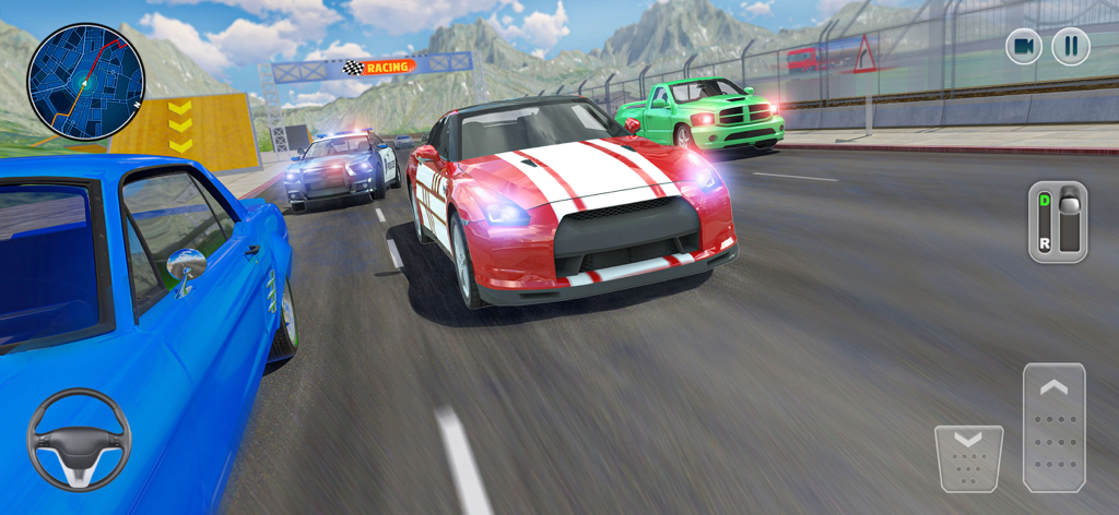 Crazy Driving - Street Race - A red and white sports car racing on a highway with a police car in pursuit in an open world environment