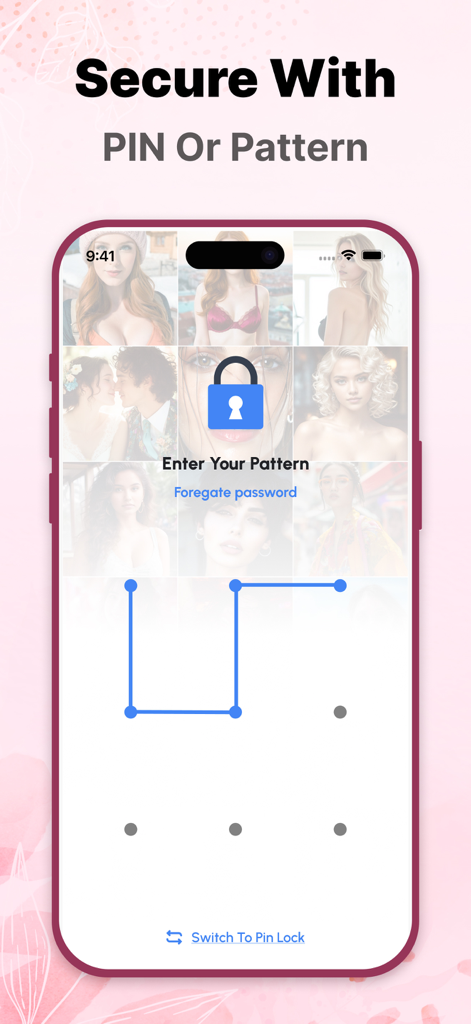 Gallery - Hide Photo Vault - Pantalla de teléfono inteligente que muestra una interfaz de bloqueo de patrón para proteger una galería de fotos privada.