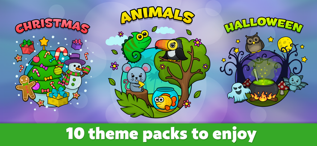 Educational game screen showing three theme packs for toddlers including Christmas, Animals, and Halloween.