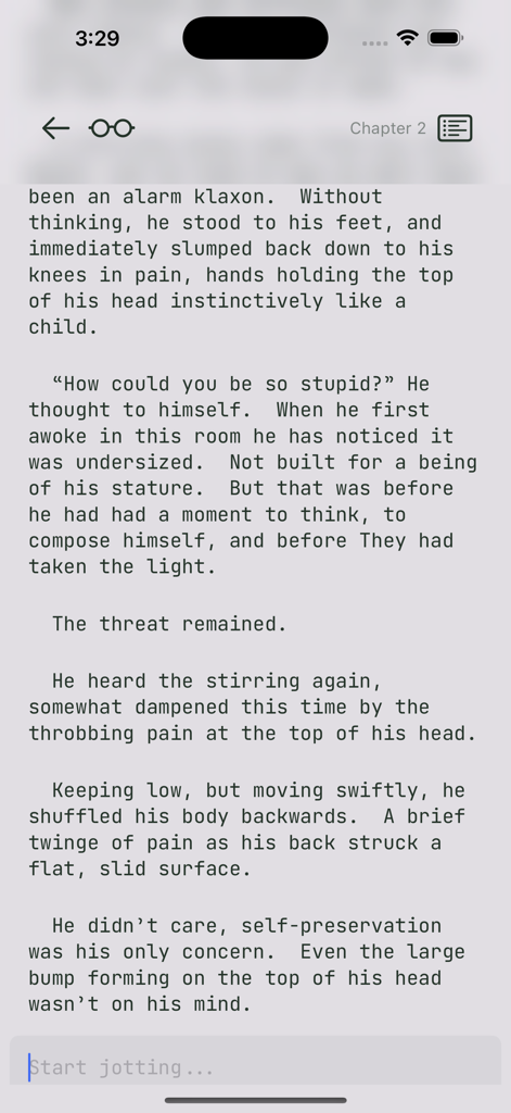 Jot Writer - Interfaz de la aplicación Jot Writer que muestra un espacio de trabajo de escritura creativa minimalista con texto monoespaciado y navegación por capítulos.