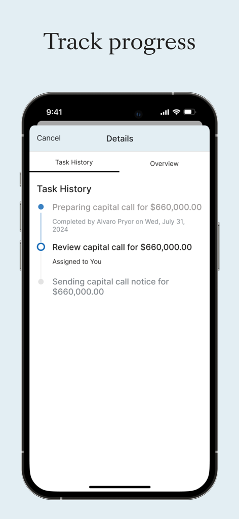 A smartphone screen showing the task history for a capital call within the Carta Carry app.