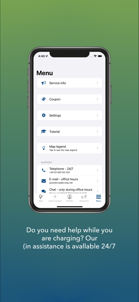 evway - Car Navigator eMX - Menu screen of the evway app showing support contacts and service options for electric vehicle charging