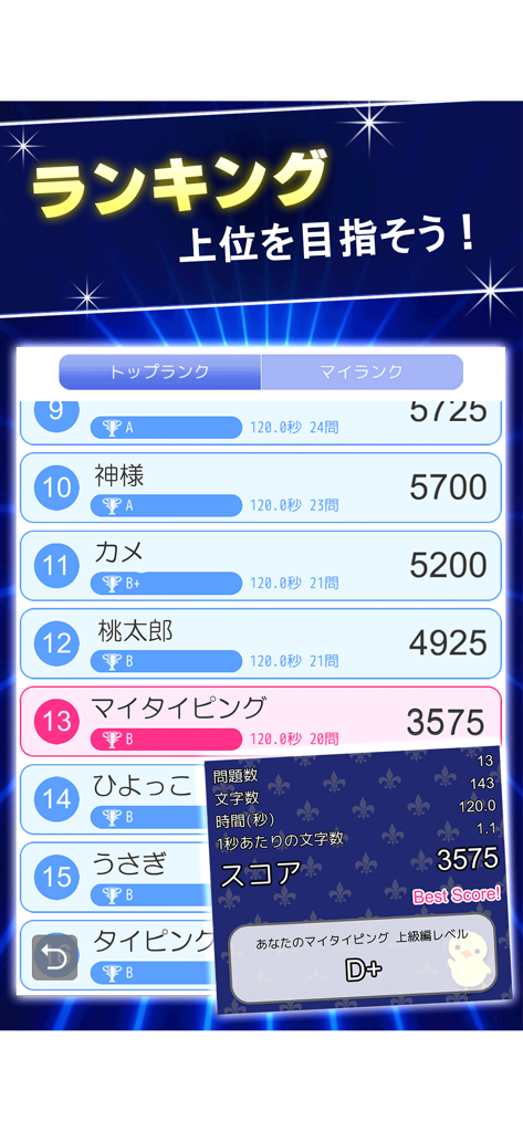 マイタイピング - タイピング・フリック入力練習 - 日本語フリック入力練習のユーザーのスコアや成績が表示されている、マイタイピングアプリのランキング・リーダーボード画面。