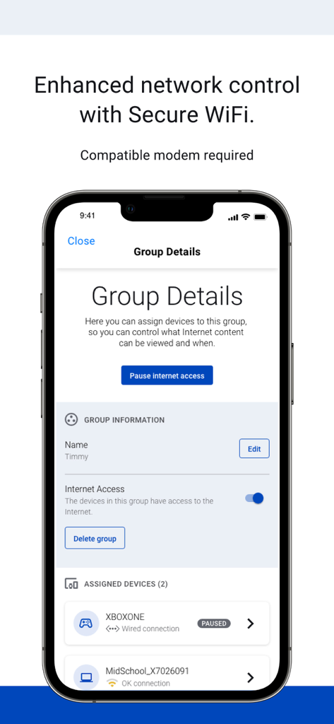 My CenturyLink - My CenturyLink app screen showing Secure WiFi settings to pause internet access for connected devices