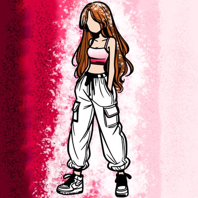 girl in baggy pants crop top and long hair