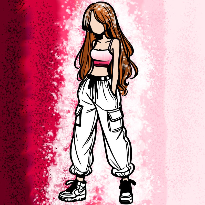 girl in baggy pants crop top and long hair