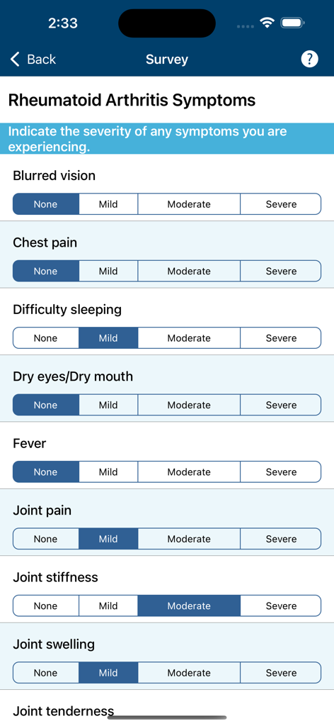 Rheumatoid arthritis symptom tracking survey in the RA Manager app showing severity levels for joint pain and stiffness