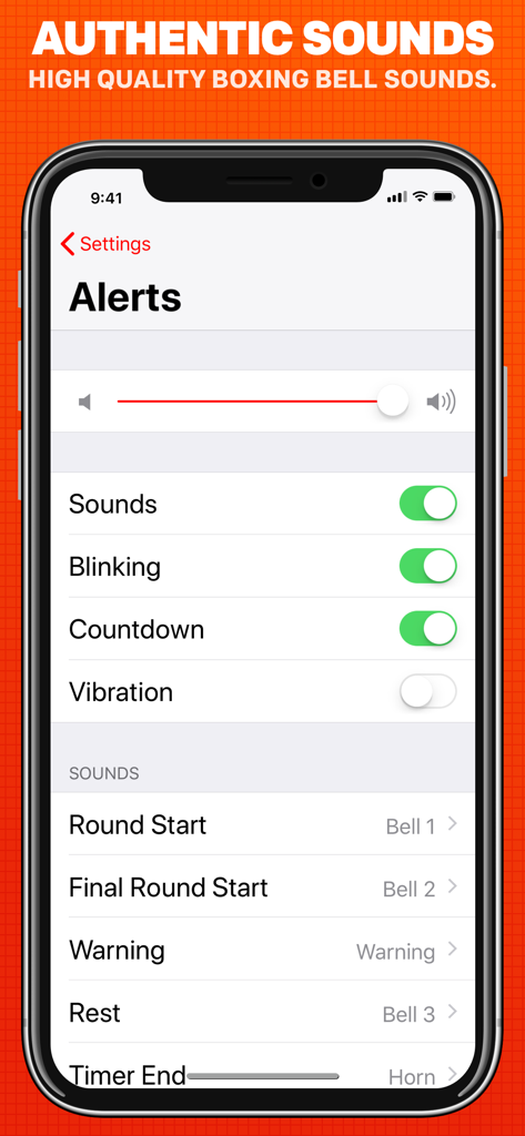 Boxing Timer Pro Round Timer - Boxing Timer Pro alerts settings screen showing high quality boxing bell sounds and customization options