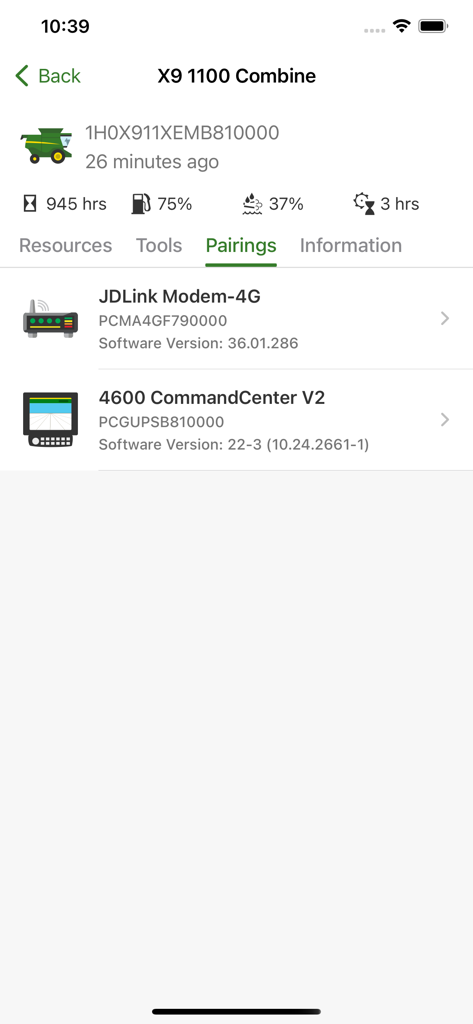 Aplicativo Equipamento Móvel John Deere mostrando hardware pareado para uma Colheitadeira X9 1100 incluindo Modem JDLink e CommandCenter 4600 V2.
