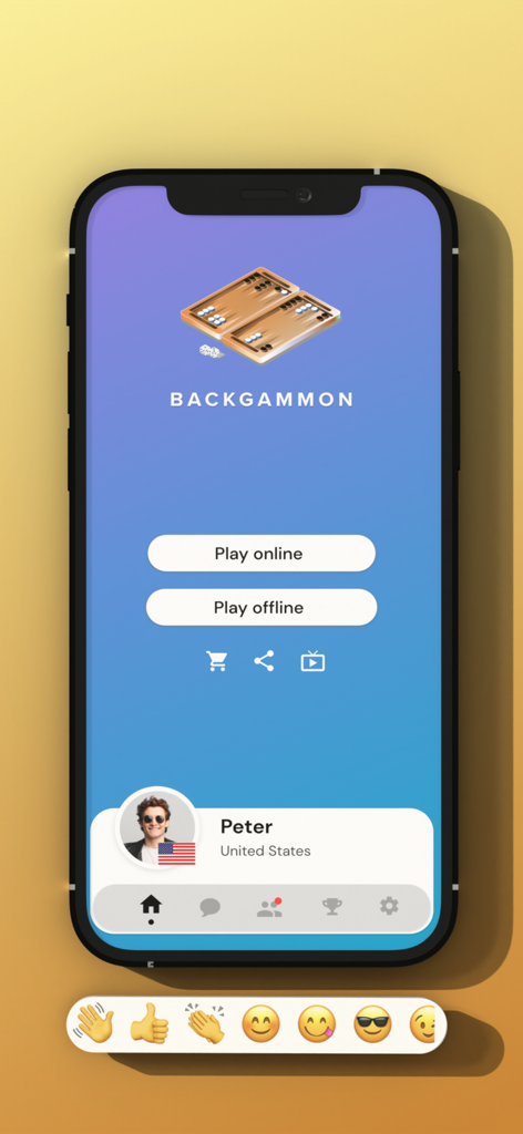 Backgammon Pro Online - Schermata principale dell'app Backgammon Pro Online con opzioni di gioco online e offline e un profilo utente