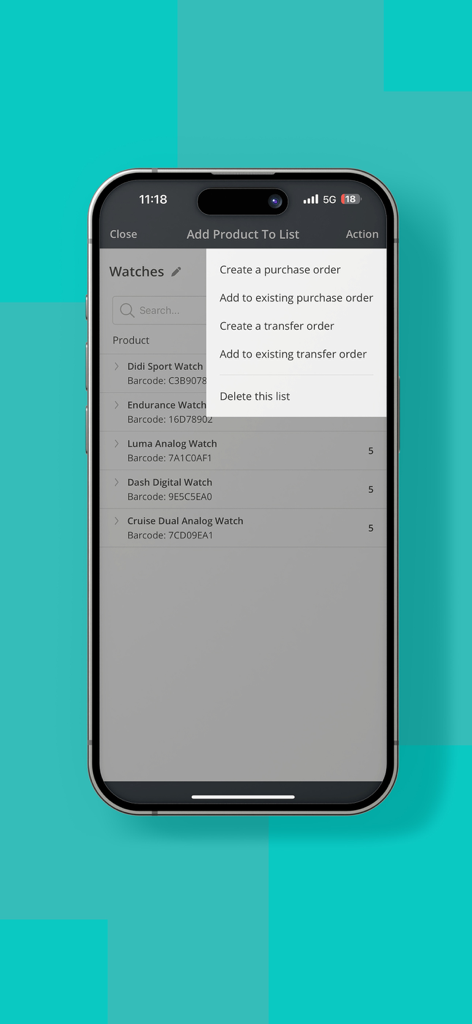 Inventory Scan by Hike - Inventory Scan by Hike app interface showing a product list menu with options to create purchase and transfer orders.