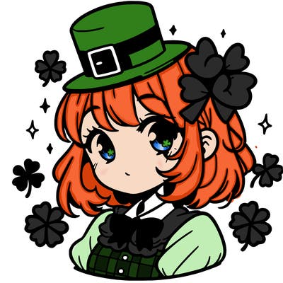 a manga-style girl with clovers around her, a little hat in her hair, like it's saint patrick's day