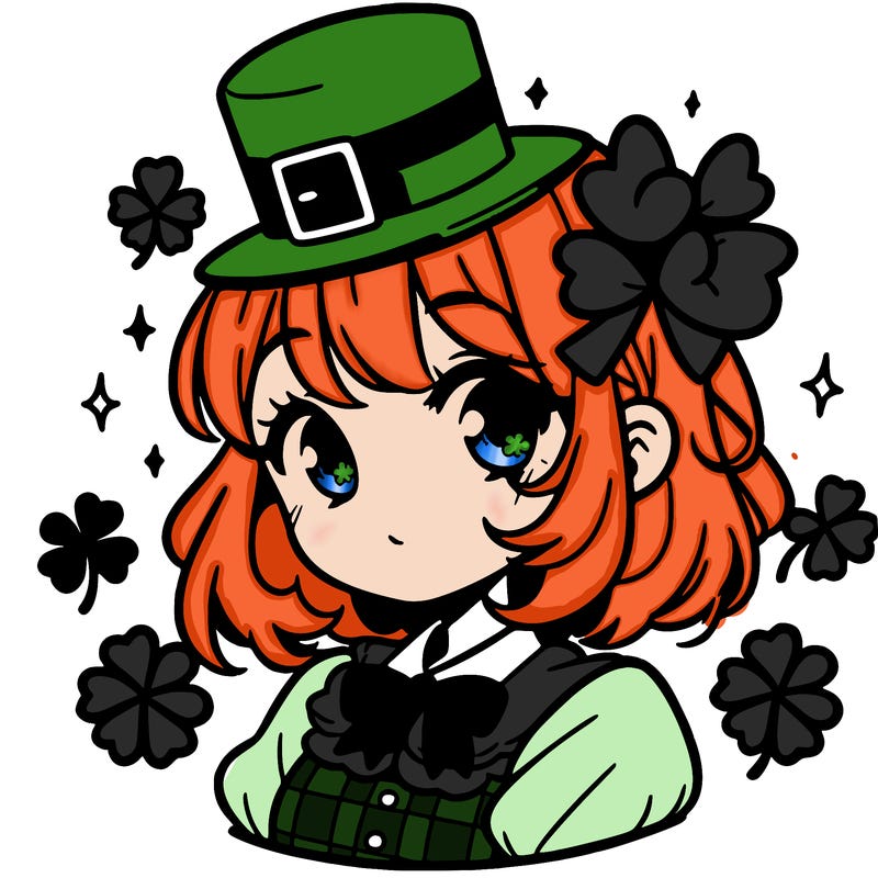 a manga-style girl with clovers around her, a little hat in her hair, like it's saint patrick's day