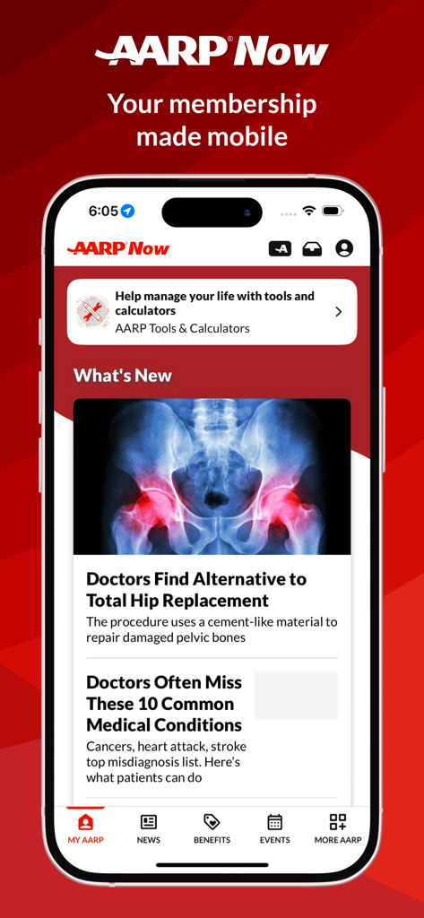 AARP Now - AARP Now mobile app interface displaying health news articles and member benefits navigation