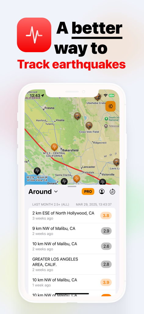 Interfaccia dell'app QuakeMate che mostra una mappa della California con marcatori di terremoti e un elenco di attività sismica recente con magnitudo
