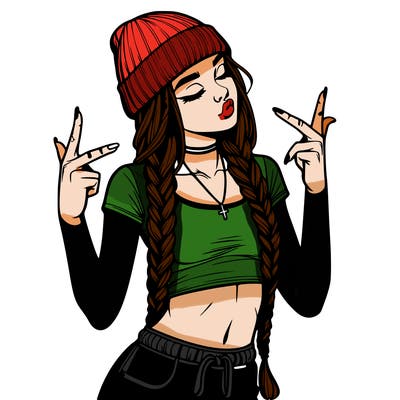 realistic teenage girl with braids and a beanie and crop top doing 🫶🏼