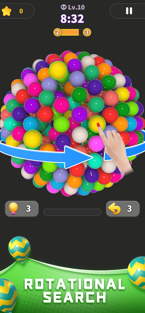 Balloon Master 3D:Puzzle Games - A gameplay screen of Balloon Master 3D showing the rotational search of colorful 3D balloons.